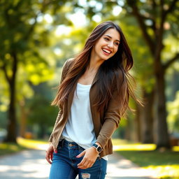 A young woman, approximately 160 cm tall and weighing around 55 kg, wearing stylish casual clothes in a vibrant outdoor setting