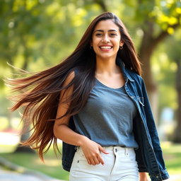 A young woman, approximately 160 cm tall and weighing around 55 kg, wearing stylish casual clothes in a vibrant outdoor setting
