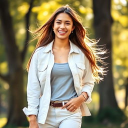 A young woman, approximately 160 cm tall and weighing around 55 kg, wearing stylish casual clothes in a vibrant outdoor setting