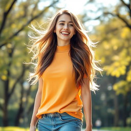 A young woman, approximately 160 cm tall and weighing around 55 kg, wearing stylish casual clothes in a vibrant outdoor setting