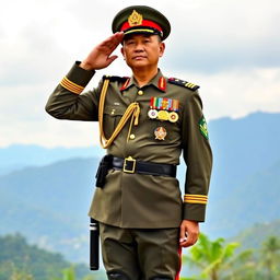 A Myanmar military general standing confidently in full uniform, adorned with medals and insignia, showcasing a proud demeanor