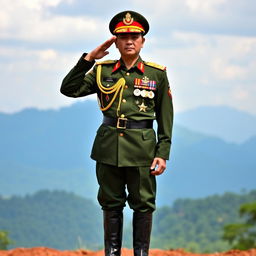 A Myanmar military general standing confidently in full uniform, adorned with medals and insignia, showcasing a proud demeanor