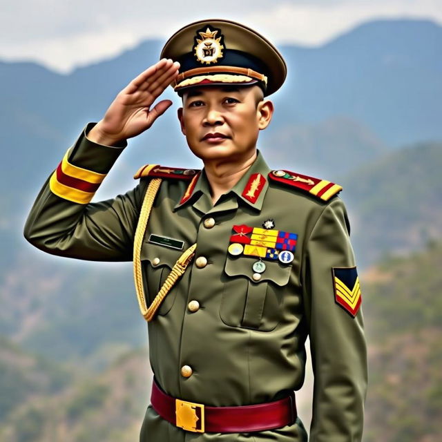 A Myanmar military general standing confidently in full uniform, adorned with medals and insignia, showcasing a proud demeanor