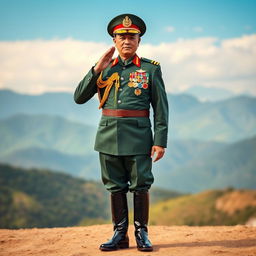 A Myanmar military general standing confidently in full uniform, adorned with medals and insignia, showcasing a proud demeanor