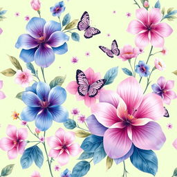 A beautiful and intricate wall mural design featuring a vibrant floral pattern with large, exotic flowers in shades of blue, pink, and lavender