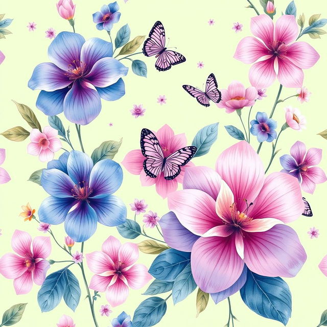 A beautiful and intricate wall mural design featuring a vibrant floral pattern with large, exotic flowers in shades of blue, pink, and lavender