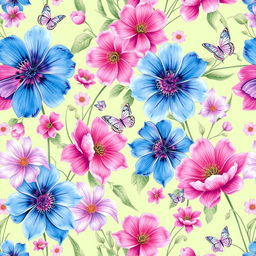 A beautiful and intricate wall mural design featuring a vibrant floral pattern with large, exotic flowers in shades of blue, pink, and lavender