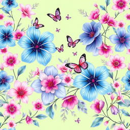 A beautiful and intricate wall mural design featuring a vibrant floral pattern with large, exotic flowers in shades of blue, pink, and lavender