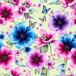 A beautiful and intricate wall mural design featuring a vibrant floral pattern with large, exotic flowers in shades of blue, pink, and lavender