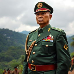 An imposing general of the Myanmar military, dressed in a sharply tailored green military uniform adorned with various medals and insignias, standing confidently with a strong posture