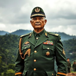 An imposing general of the Myanmar military, dressed in a sharply tailored green military uniform adorned with various medals and insignias, standing confidently with a strong posture