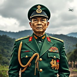 An imposing general of the Myanmar military, dressed in a sharply tailored green military uniform adorned with various medals and insignias, standing confidently with a strong posture