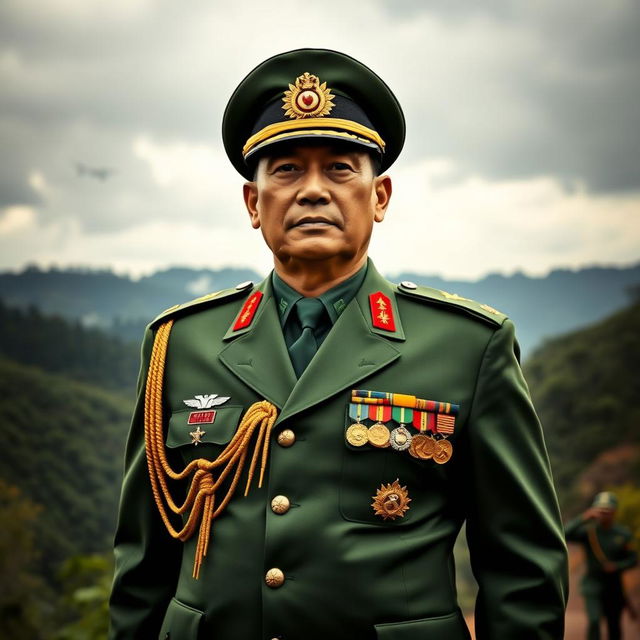 An imposing general of the Myanmar military, dressed in a sharply tailored green military uniform adorned with various medals and insignias, standing confidently with a strong posture