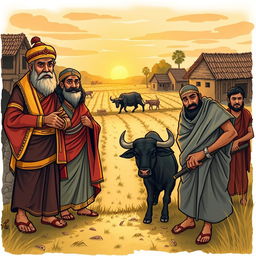 A detailed illustration representing the class conflict in 'Lahari Bhaisi (The Wandering Buffalo)', showcasing a rural village scene