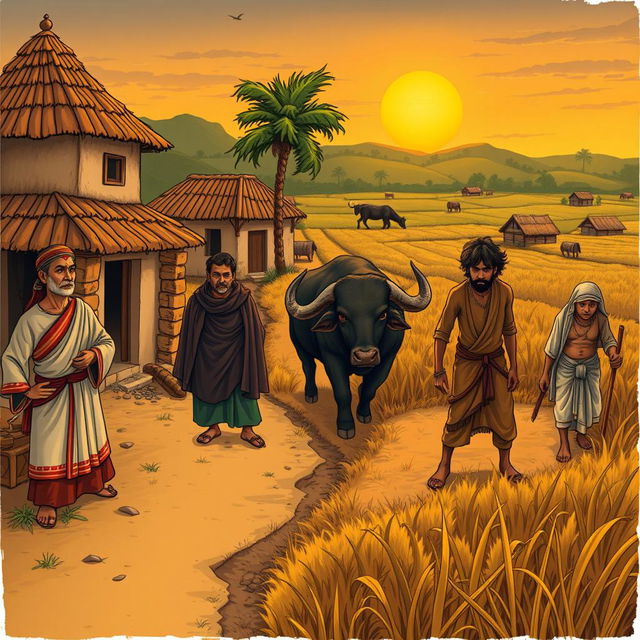 A detailed illustration representing the class conflict in 'Lahari Bhaisi (The Wandering Buffalo)', showcasing a rural village scene