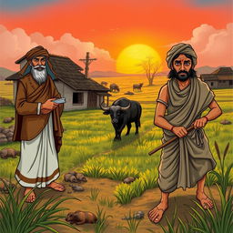 A detailed illustration representing the class conflict in 'Lahari Bhaisi (The Wandering Buffalo)', showcasing a rural village scene