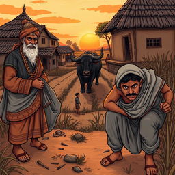 A detailed illustration representing the class conflict in 'Lahari Bhaisi (The Wandering Buffalo)', showcasing a rural village scene