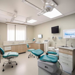 An efficient dental center with four individual dental treatment rooms. Each room features cutting-edge dental equipment, ample natural lighting, sterilized, gleaming instruments, ergonomic chairs and soothing wall colors to create a calming atmosphere for patients.