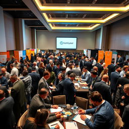 A vibrant and bustling conference scene capturing professionals engaged in discussions, exchanging ideas, and networking