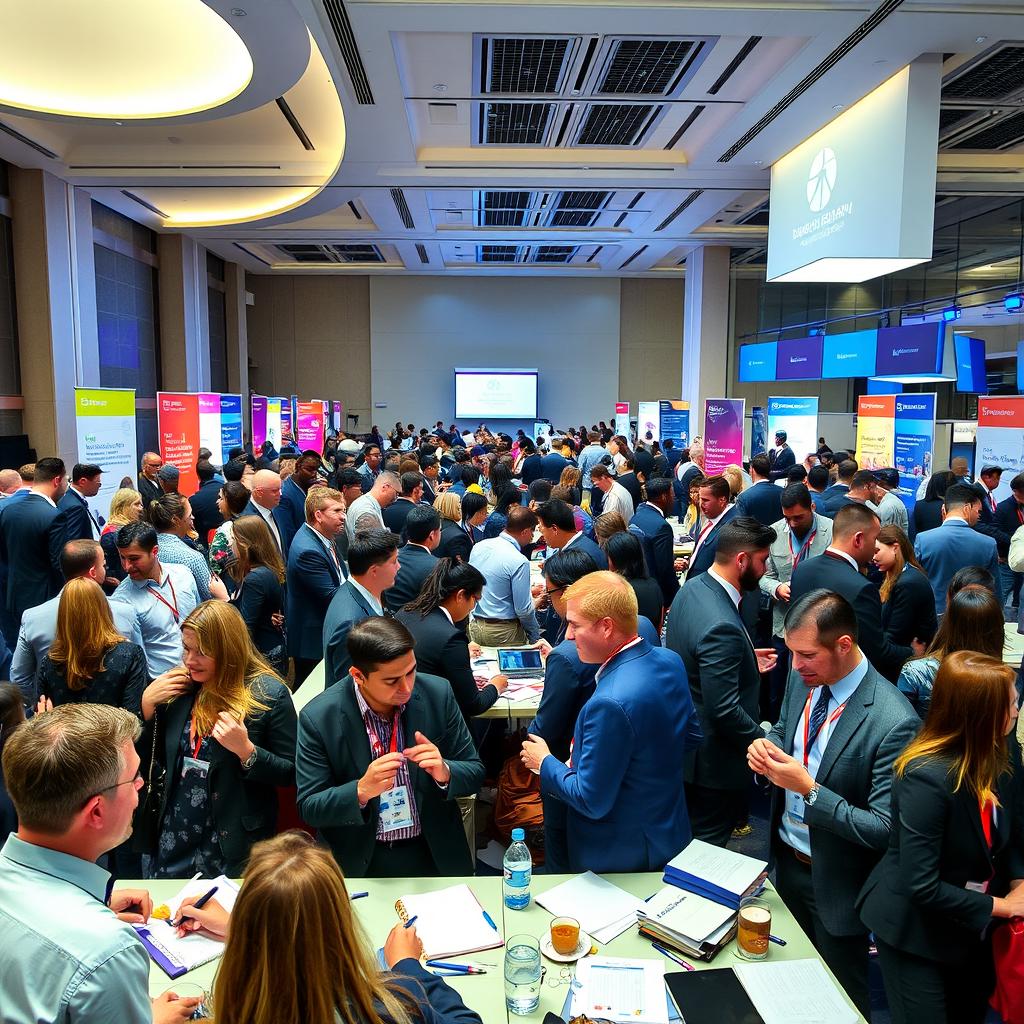 A vibrant and bustling conference scene capturing professionals engaged in discussions, exchanging ideas, and networking
