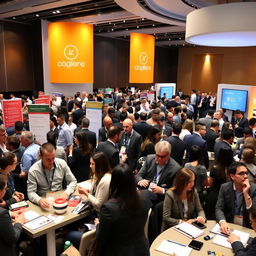 A vibrant and bustling conference scene capturing professionals engaged in discussions, exchanging ideas, and networking