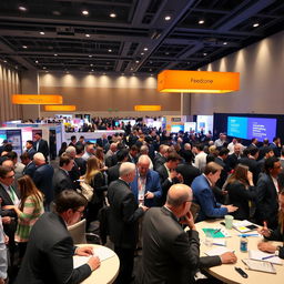 A vibrant and bustling conference scene capturing professionals engaged in discussions, exchanging ideas, and networking