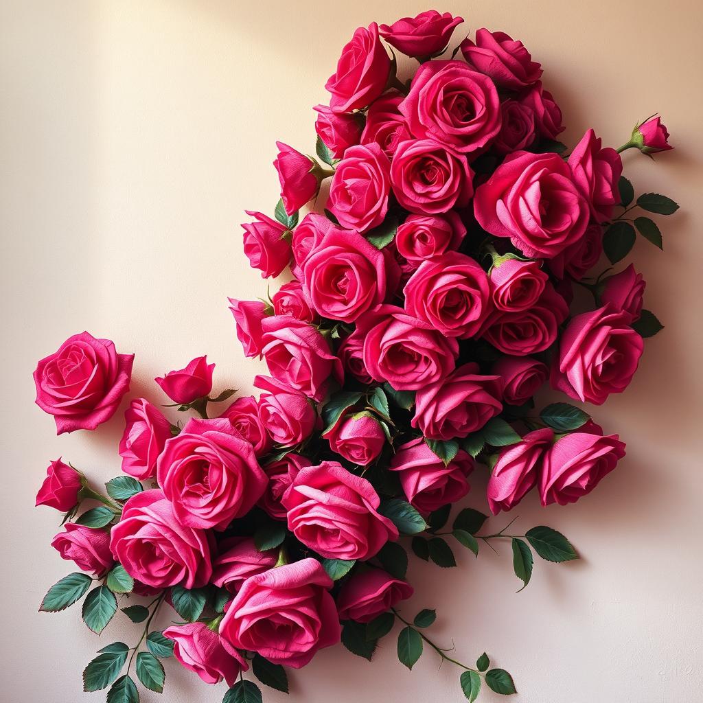 A beautifully painted wall filled with lush, dark pink roses