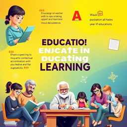 An inspiring poster highlighting the importance of education and lifelong learning, featuring a vibrant and colorful background with diverse people of all ages engaged in various learning activities: a young girl reading a book, an elderly man taking an online course, students collaborating at a table, and a teacher guiding a group