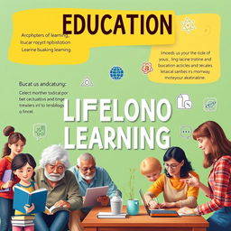 An inspiring poster highlighting the importance of education and lifelong learning, featuring a vibrant and colorful background with diverse people of all ages engaged in various learning activities: a young girl reading a book, an elderly man taking an online course, students collaborating at a table, and a teacher guiding a group