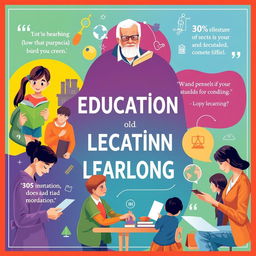An inspiring poster highlighting the importance of education and lifelong learning, featuring a vibrant and colorful background with diverse people of all ages engaged in various learning activities: a young girl reading a book, an elderly man taking an online course, students collaborating at a table, and a teacher guiding a group