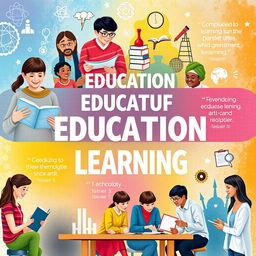 An inspiring poster highlighting the importance of education and lifelong learning, featuring a vibrant and colorful background with diverse people of all ages engaged in various learning activities: a young girl reading a book, an elderly man taking an online course, students collaborating at a table, and a teacher guiding a group