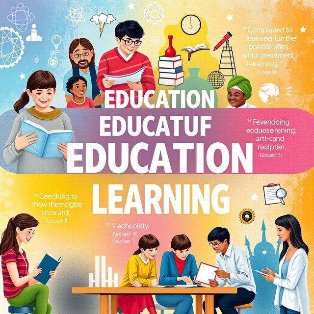 An inspiring poster highlighting the importance of education and lifelong learning, featuring a vibrant and colorful background with diverse people of all ages engaged in various learning activities: a young girl reading a book, an elderly man taking an online course, students collaborating at a table, and a teacher guiding a group