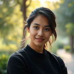 A portrait of a person positioned slightly further away from the camera, enhancing the background details and creating a sense of depth