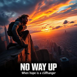 A thrilling movie poster for the 2024 film 'No Way Up', featuring a rugged and determined male lead poised at the edge of a steep cliff, overlooking a sprawling urban landscape below
