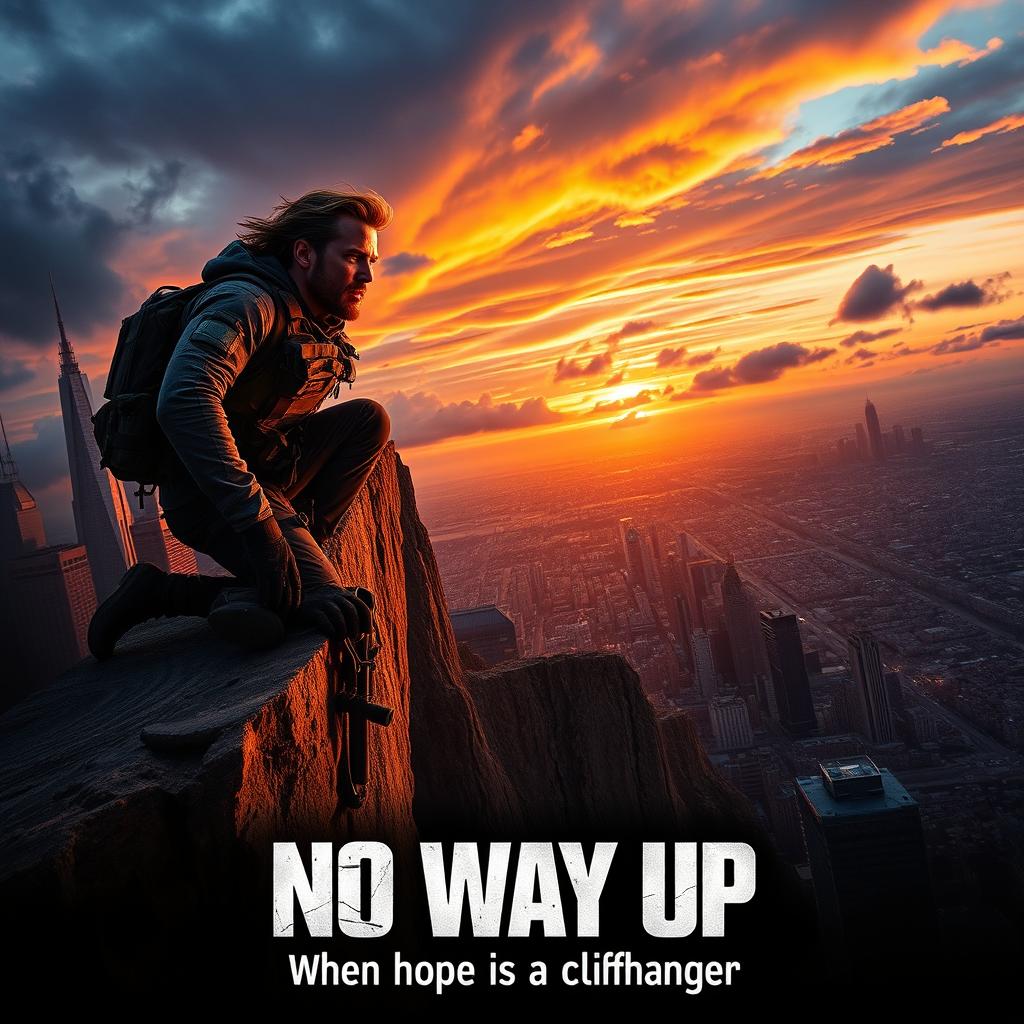 A thrilling movie poster for the 2024 film 'No Way Up', featuring a rugged and determined male lead poised at the edge of a steep cliff, overlooking a sprawling urban landscape below