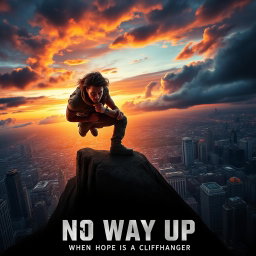 A thrilling movie poster for the 2024 film 'No Way Up', featuring a rugged and determined male lead poised at the edge of a steep cliff, overlooking a sprawling urban landscape below
