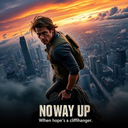 A thrilling movie poster for the 2024 film 'No Way Up', featuring a rugged and determined male lead poised at the edge of a steep cliff, overlooking a sprawling urban landscape below