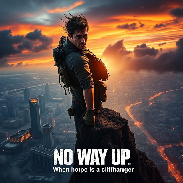A thrilling movie poster for the 2024 film 'No Way Up', featuring a rugged and determined male lead poised at the edge of a steep cliff, overlooking a sprawling urban landscape below