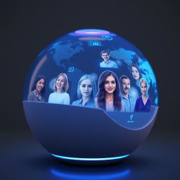 A small, smooth, transparent sphere about the size of a grapefruit, featuring a glowing interface on one side for user interaction with holographic displays