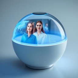 A small, smooth, transparent sphere about the size of a grapefruit, featuring a glowing interface on one side for user interaction with holographic displays