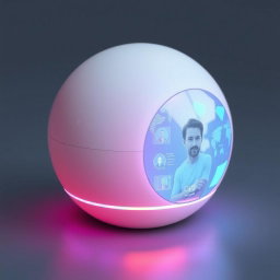 A small, smooth, transparent sphere about the size of a grapefruit, featuring a glowing interface on one side for user interaction with holographic displays