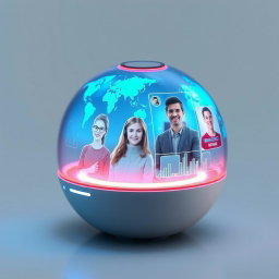 A small, smooth, transparent sphere about the size of a grapefruit, featuring a glowing interface on one side for user interaction with holographic displays