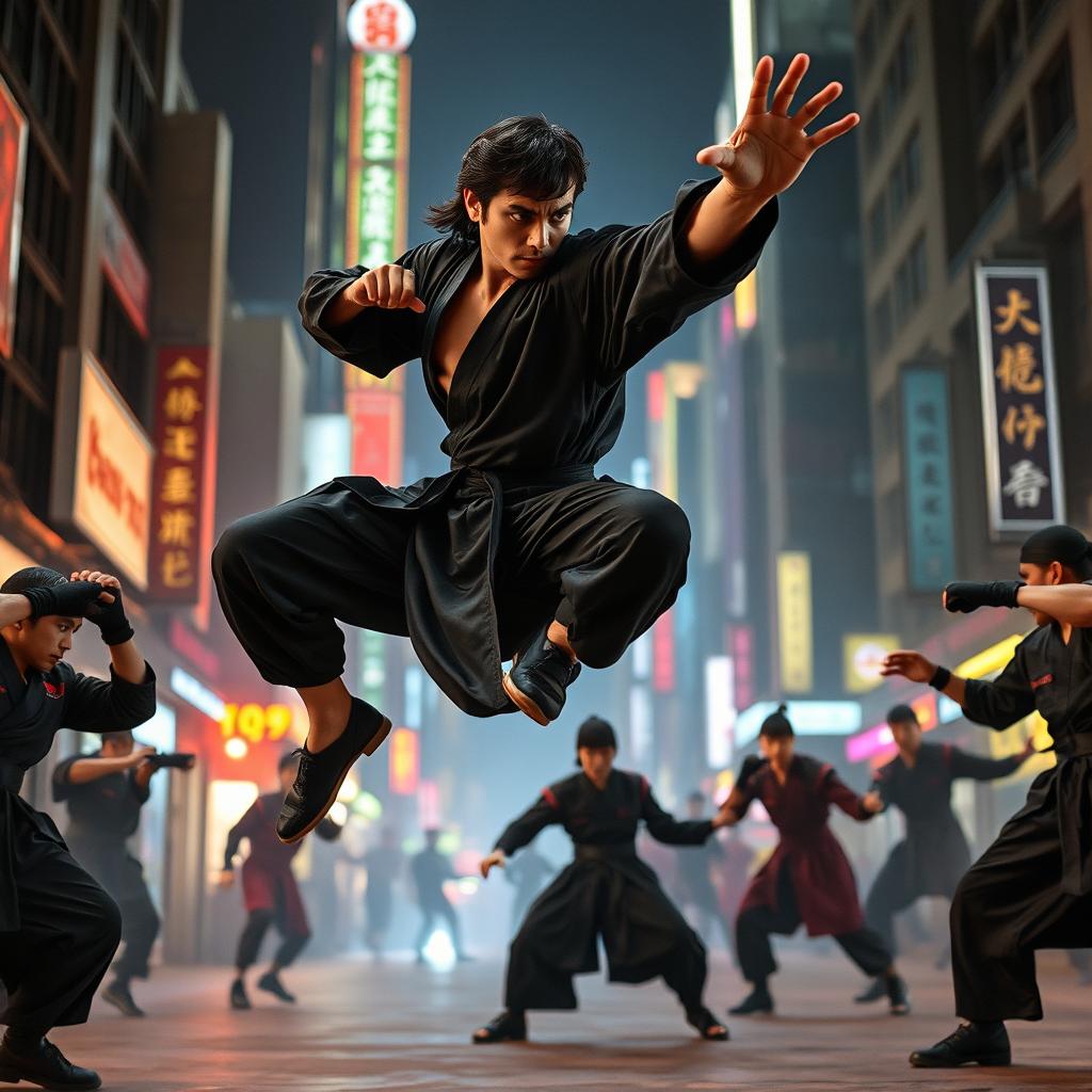 A dynamic and intense action scene inspired by the movie 'Kiss of the Dragon' featuring a skilled martial artist in a flowing black outfit demonstrating intricate martial arts moves mid-air in an urban setting