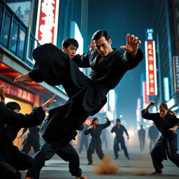 A dynamic and intense action scene inspired by the movie 'Kiss of the Dragon' featuring a skilled martial artist in a flowing black outfit demonstrating intricate martial arts moves mid-air in an urban setting