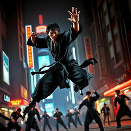 A dynamic and intense action scene inspired by the movie 'Kiss of the Dragon' featuring a skilled martial artist in a flowing black outfit demonstrating intricate martial arts moves mid-air in an urban setting