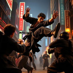 A dynamic and intense action scene inspired by the movie 'Kiss of the Dragon' featuring a skilled martial artist in a flowing black outfit demonstrating intricate martial arts moves mid-air in an urban setting