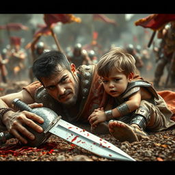 A dramatic scene depicting a male gladiator lying on the ground, bleeding profusely, with little hair, showcasing his fierce yet defeated expression