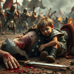 A dramatic scene depicting a male gladiator lying on the ground, bleeding profusely, with little hair, showcasing his fierce yet defeated expression
