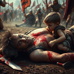 A dramatic scene depicting a male gladiator lying on the ground, bleeding profusely, with little hair, showcasing his fierce yet defeated expression