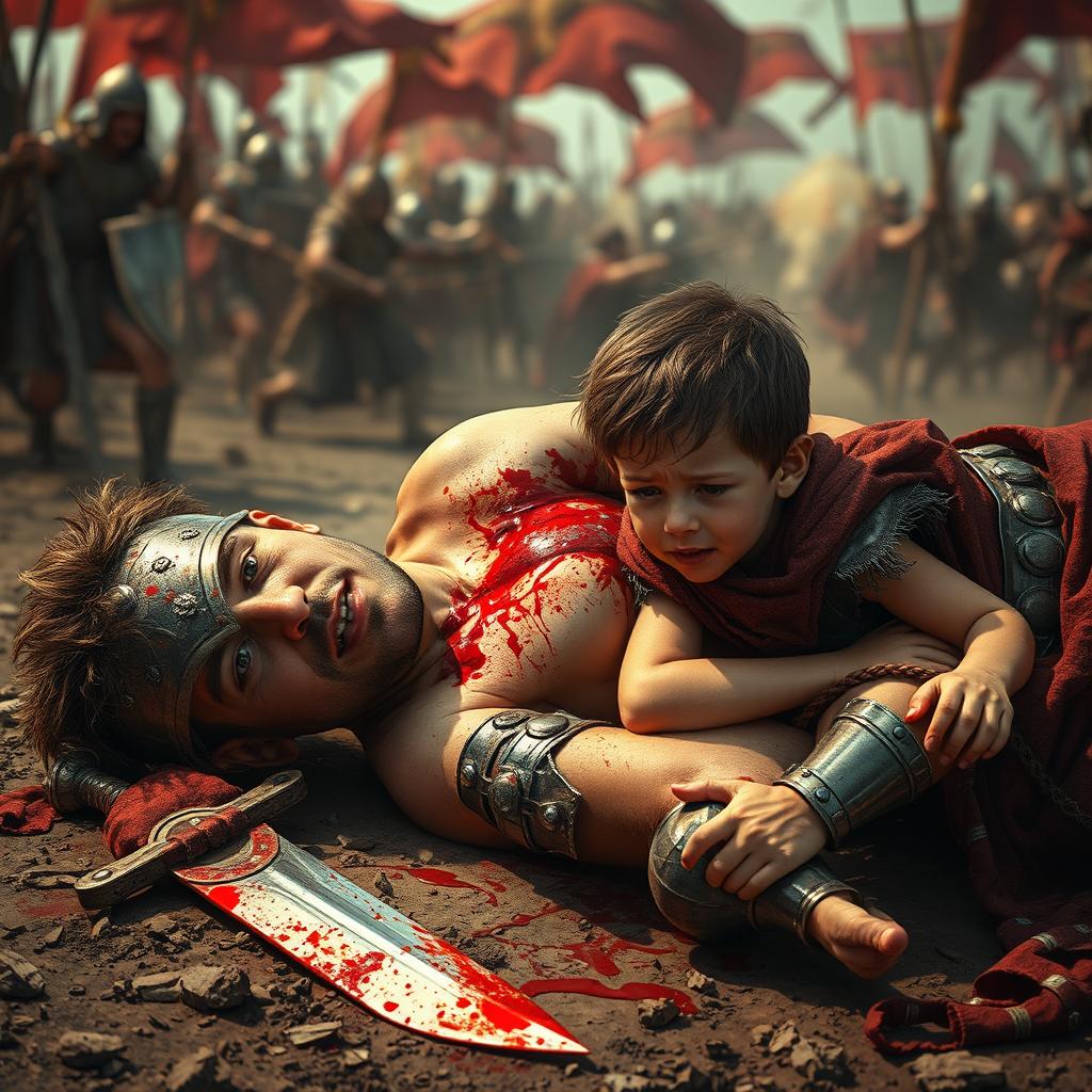 A dramatic scene depicting a male gladiator lying on the ground, bleeding profusely, with little hair, showcasing his fierce yet defeated expression